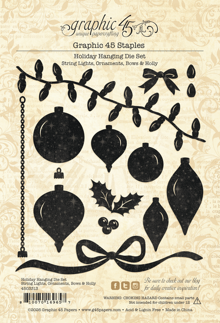Graphic 45 - Holiday Hanging Die Set - String Lights, Ornaments, Bows & Holly - Merry-ful Greetings - 4503313