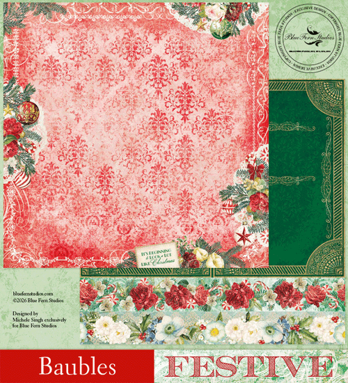Blue Fern Studios - 12x12 dbl sided paper - Festive - Baubles - 451935