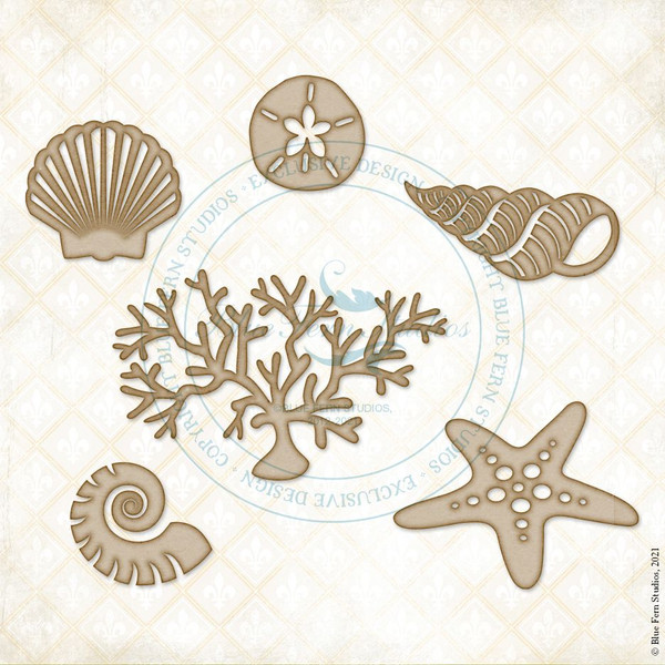 Blue Fern Studios - Laser Cut Chipboard - Classic Blue Seaside Cottage - Seaside Seashells (274350)