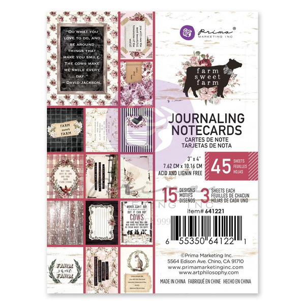 Prima - Journaling Notecards 3"X4" 45/Pkg - Farm Sweet Farm (P641221)