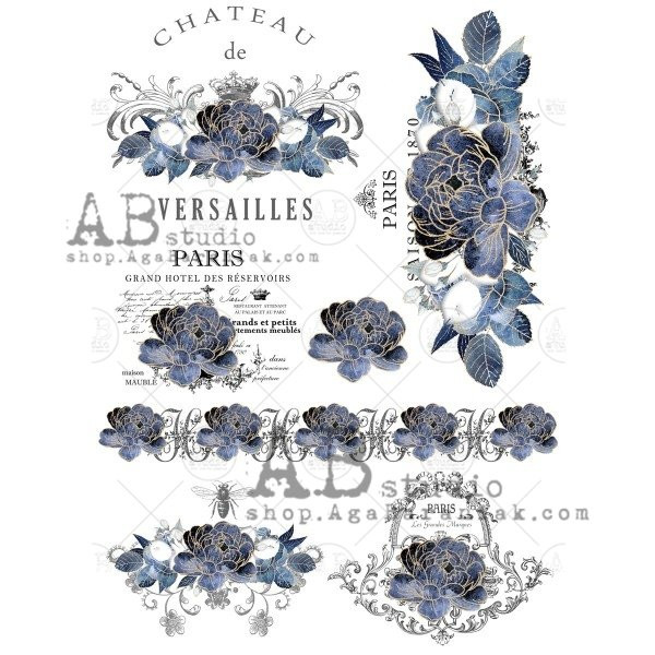 AB Studios - Decoupage Rice Paper - No. 0671 - Chateau Blue Floral w/Gold Foil (No. 0671)
