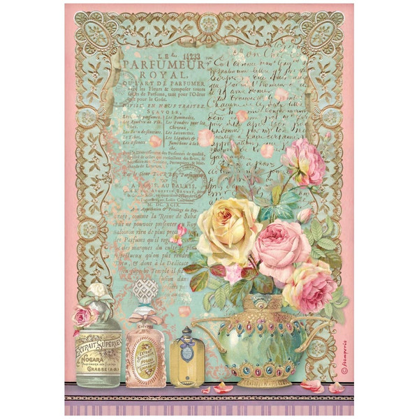 Stamperia - Rice Paper Sheet A4 - Rose Parfum - Parfumeur Royal (DFSA4735)