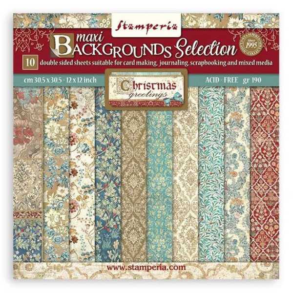 Stamperia Double-Sided Paper Pad 12"X12" 10/Pkg Maxi Background Selection - Christmas Greetings (SBBL138)