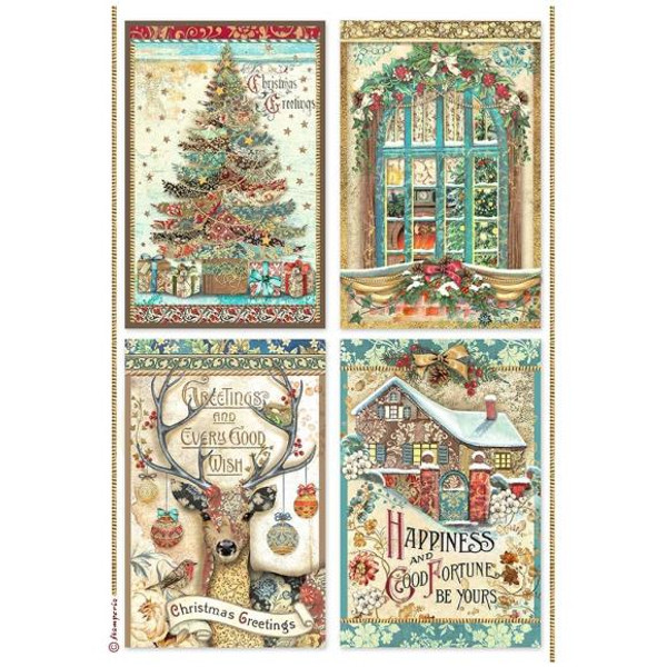 Stamperia Rice Paper Sheet A4 - Christmas Greetings 4 Cards (DFSA4796)