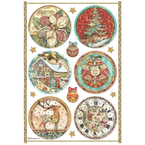 Stamperia Rice Paper Sheet A4 - Christmas Greetings Rounds (DFSA4795)