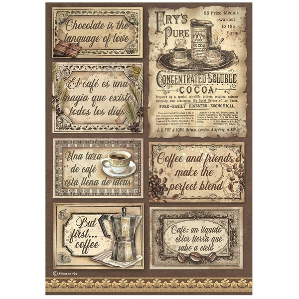 Stamperia - Rice Paper Sheet A4 - Coffee And Chocolate - Labels (DFSA4826)