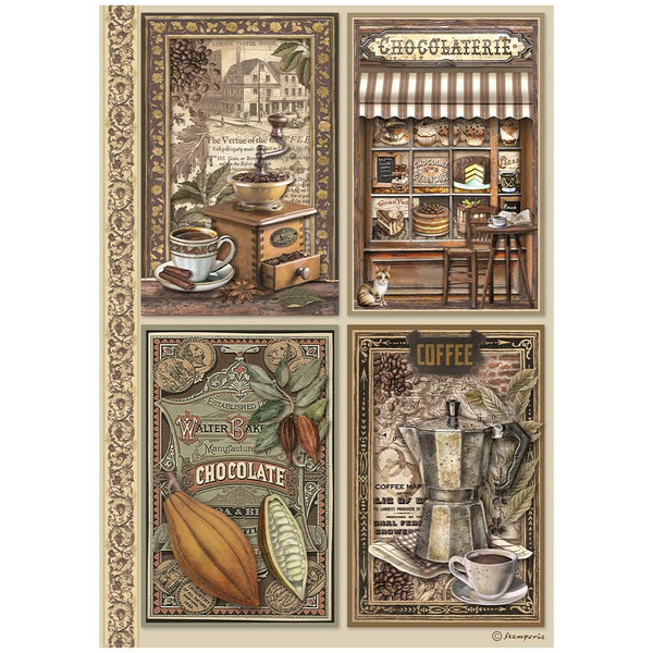 Stamperia - Rice Paper Sheet A4 - Coffee And Chocolate - 4 Cards (DFSA4821)