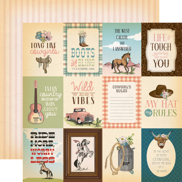Carta Bella - Double-Sided Cardstock  12"X12" - Cowgirl  - 3x4 Journaling Cards -  CBCG436006
