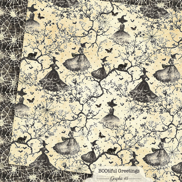 Graphic 45 - Double-Sided Card Stock 12x12 - BOOtiful Greetings - Witchy Spiderweb - 4503298