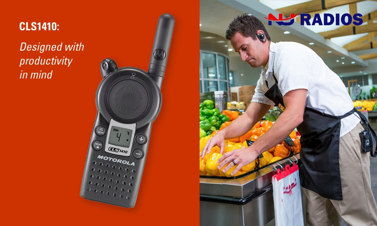 Motorola CLS1410 with VibraCall is for business. This UHF Two Way Radio has  channels. A walkie talkie that includes a holster, battery, charger and  more.