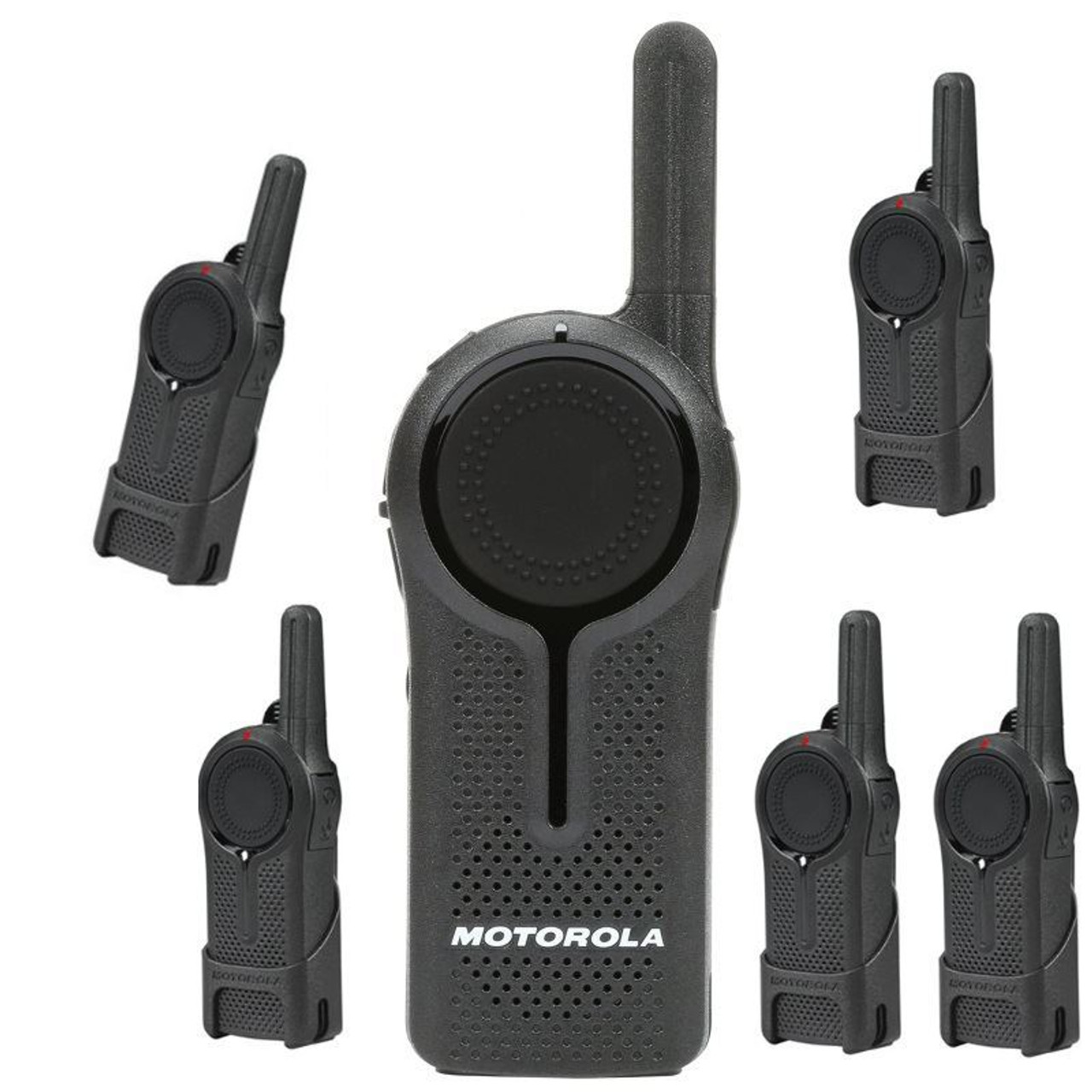 Motorola 6-Pack of DLR1020 Digital Two Way Radios for business are a  LICENSE FREE walkie talkie that includes a holster, battery and AC charger.