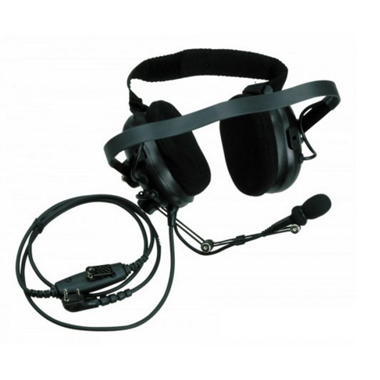 Kenwood KHS-10-BH is a heavy-duty behind the head dual muff headset that is  perfect for very noisy environments an adjustable headband, flexible boom  Mic and an in-line push-to-talk. Built in Noise Reduction,
