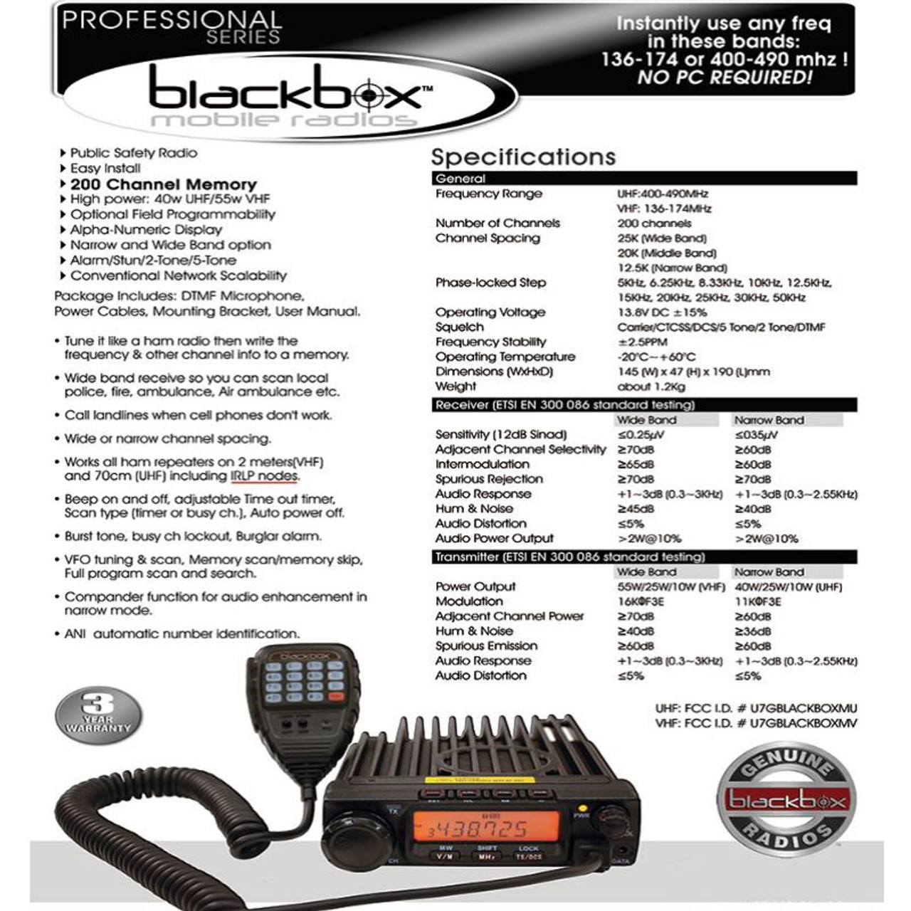 Blackbox Mobile High Powered 55w VHF Radio Public Safety Radio Long Range