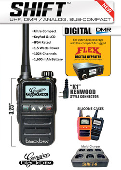 The Blackbox SHIFT UHF two-way radio offers 1.6 watts of power and supports up to 1,024 channels with digital and analog capability in an affordable, subcompact design. Its rugged, IP-rated construction provides added durability for everyday professional use.
