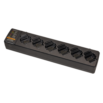 The Motorola PMPN4589A MUC Charger holds up to six radios or batteries simultaneously with this sleek and functional design. Each pocket includes an LED indicator, providing charge info. A must have for any busy warehouse or construction site.