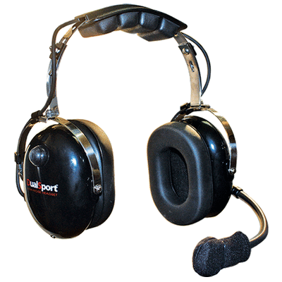 DualSport Earmuff Headset with Aviation Styled (over-the-head) Dual Muff Headset. Flat Black finish. NOW WITH CERTIFIED NRR 24dB. Tactile PTT button mounted on right earcup and an adjustable volume control on left earcup makes these loud muff earphones easy for the user to hear incoming signals easily. The Flat black finish resists scratches and dirt. 