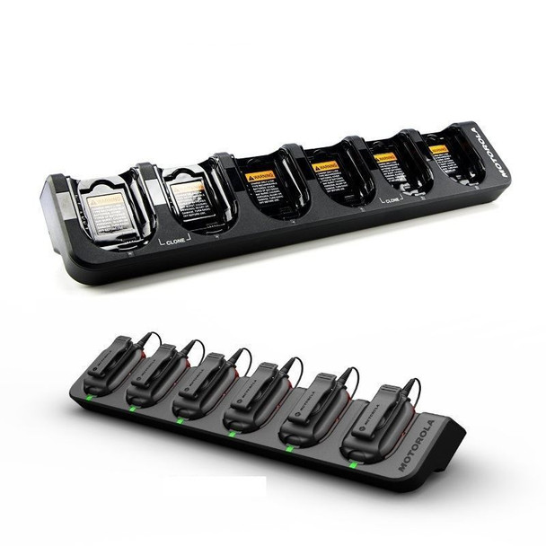 A multi-unit charger for up to six CLP Series radios that provides rapid-speed charging and has LED indicators to show charging status. The charger also has a back pocket for storing earpieces while units are charging. The charger can be wall-mounted for convenience.