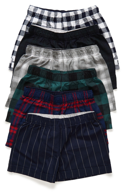 The Flannel Boxer is available in several colorful patterns. From top to bottom: dress blues check, black watch plaid, gray pepper plaid, hunter buffalo check, blue + red plaid, and blue suit stripe.
