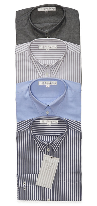 The Ivy from bottom to top: military blue stripe pinpoint, light blue oxford, pewter stripe pinpoint, and iron oxford.