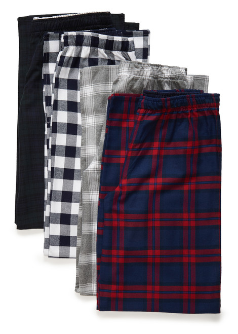 The Flannel Pajama Pant from front to back: Blue + red plaid, gray pepper plaid, dress blues check, black watch plaid.