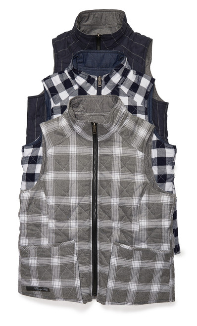 The C + K Gilet is available in: (from top to bottom) Suit Stripe, Dress Blues Check and Gray Pepper Plaid.