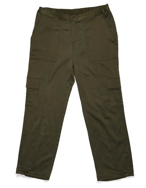 The Silk Cargo Pant in pine is made with a stretch silk charmeuse.