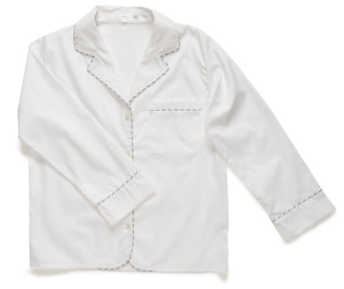 The Pajama Top made with 100% easy-care, cotton pinpoint fabric. The crisp white hue is accented with a gray stripe piping.