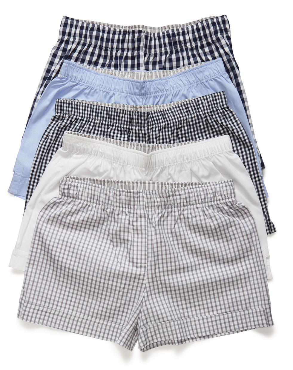 The Boxer patterns/colors from top to bottom: marine blue check, light blue oxford, indigo gingham, crisp white, gray windows.