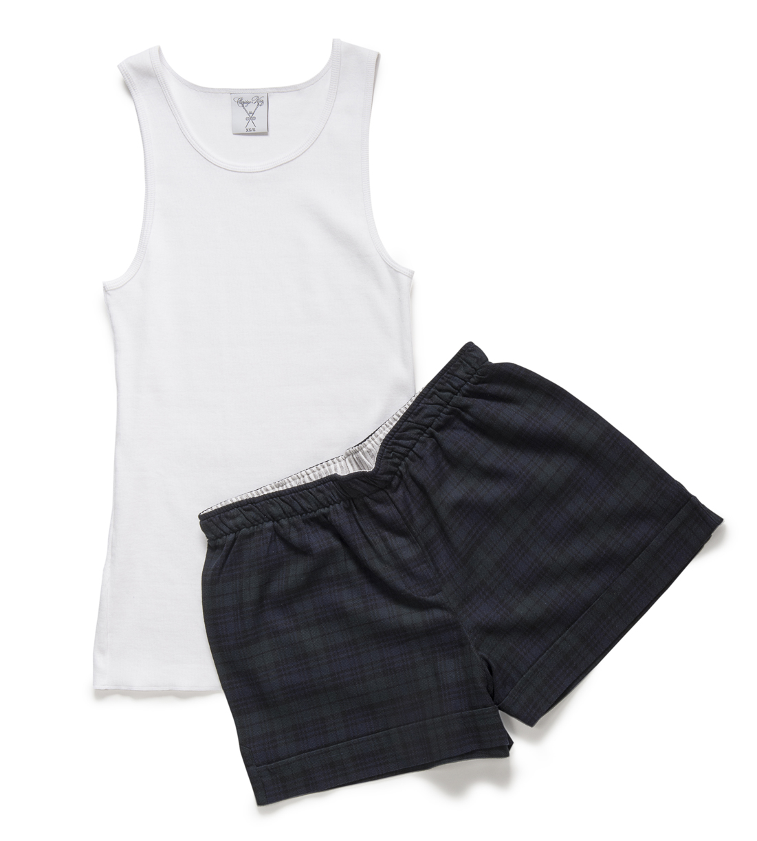 The Vincy Tank in white primer paired with The Flannel Boxer in black watch plaid.