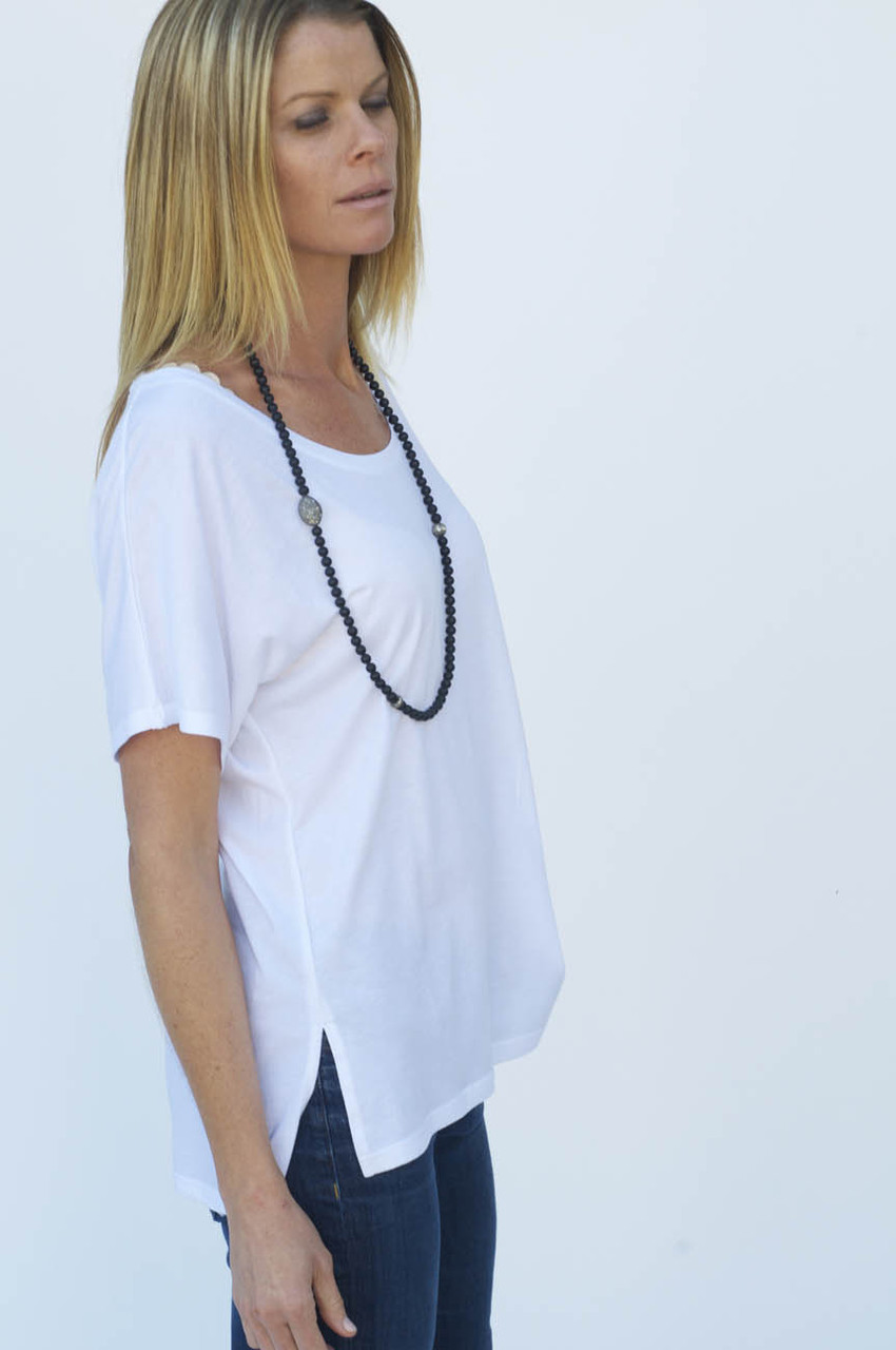 The Tee One features a side slit and longer back.