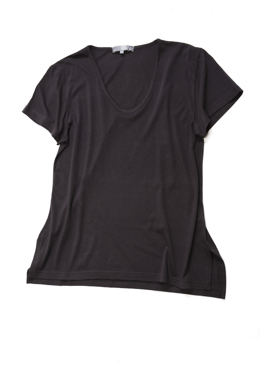The Basic V Tee in flint. A men's wear inspired tee with a lengthy back, side slits and soft v neck.