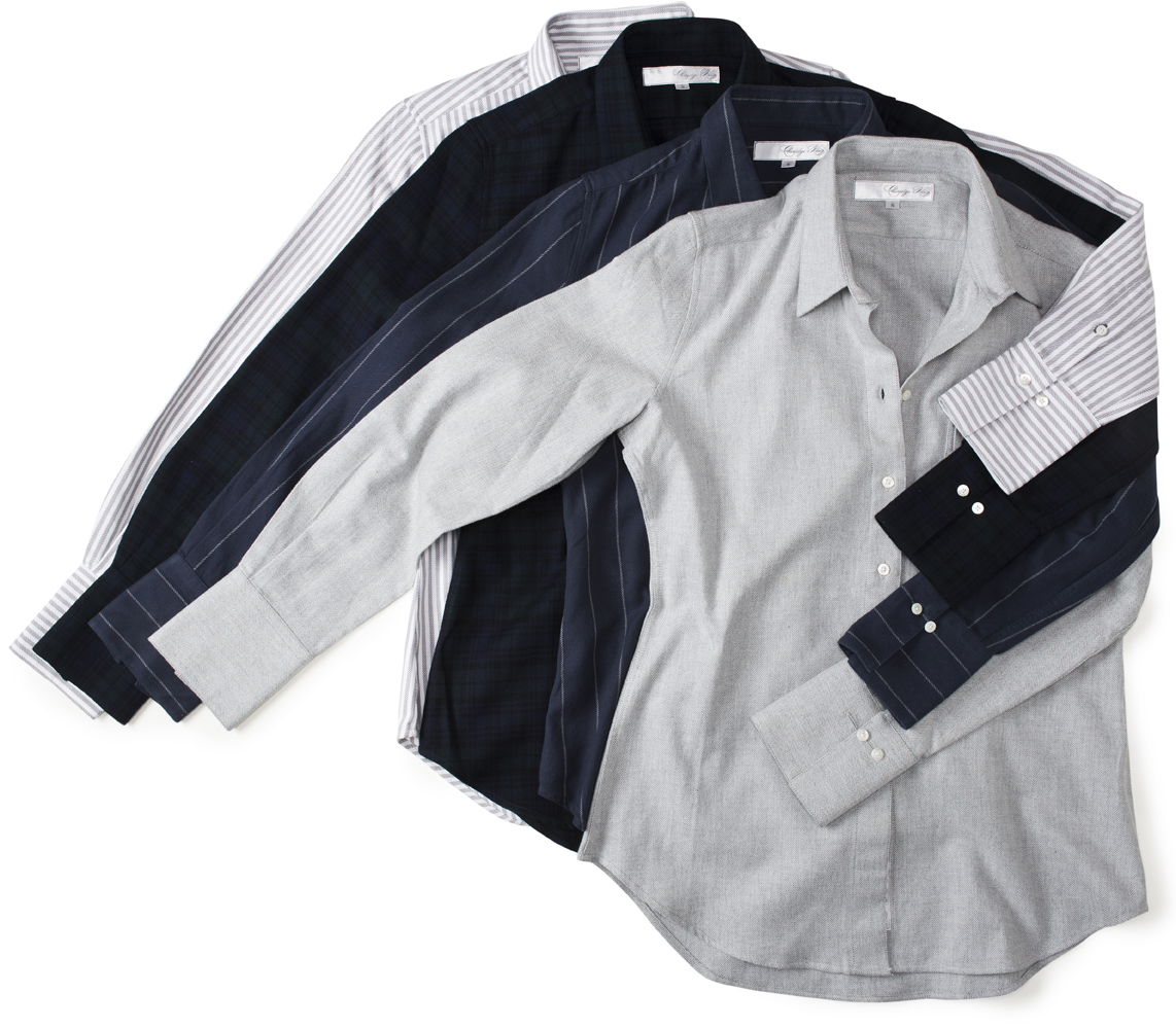The Flannel Ivy is available in three patterns. C + K signature (gray) stripe, black watch plaid, and blue suit stripe.