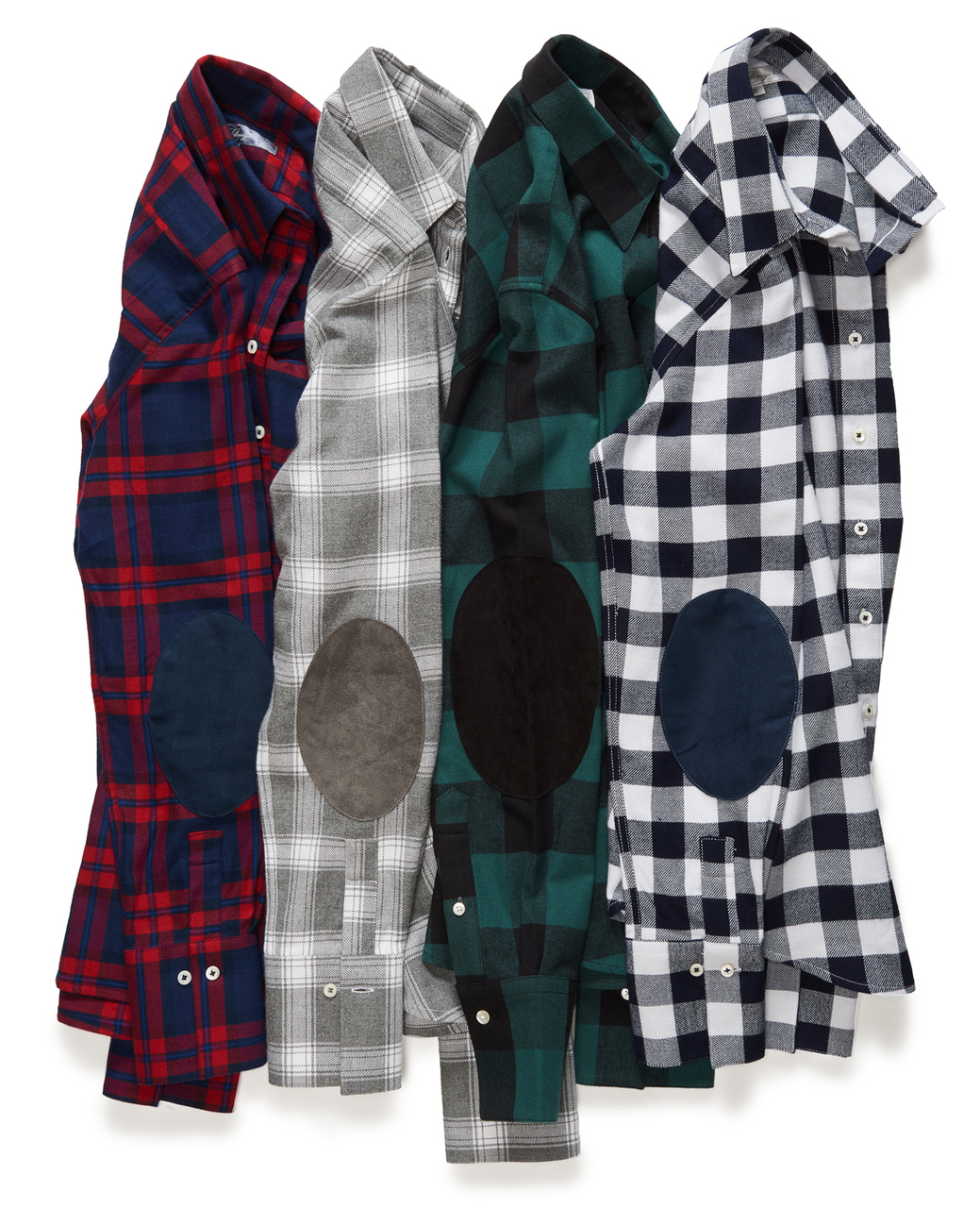 The Flannel Patch Ivy is crafted with a micro suede (washable) elbow patch. From left to right: blue-and-red plaid, gray pepper plaid, buffalo hunter check and dress blues check.