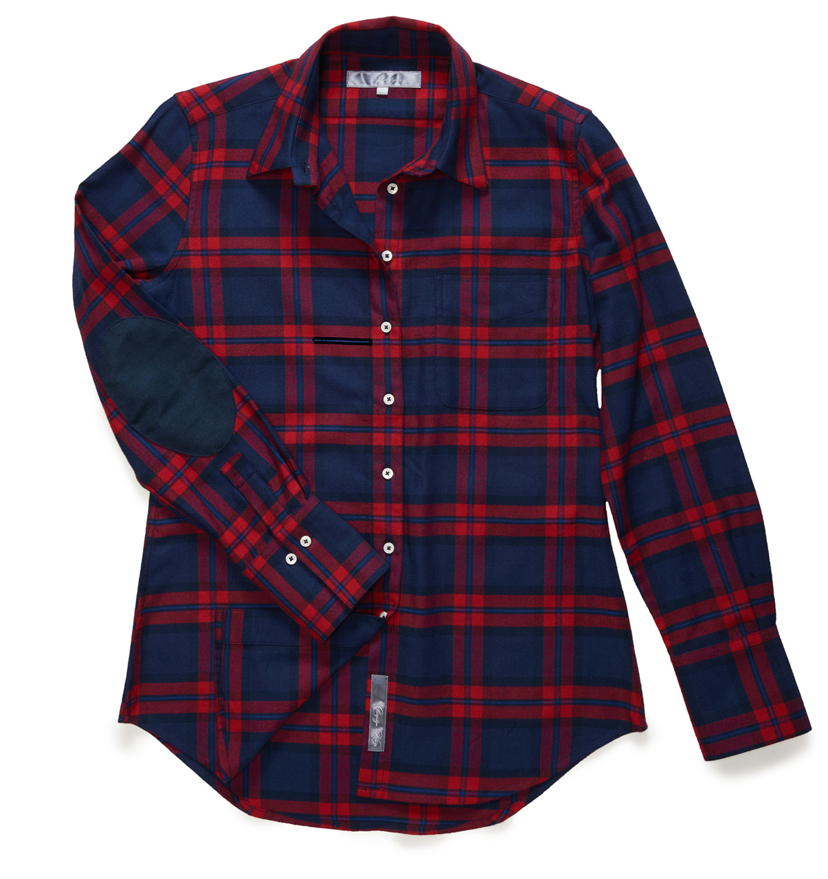 The newest addition to the Flannel Patch Ivy collection: The blue + red plaid with dark blue microsuede patches at each elbow.