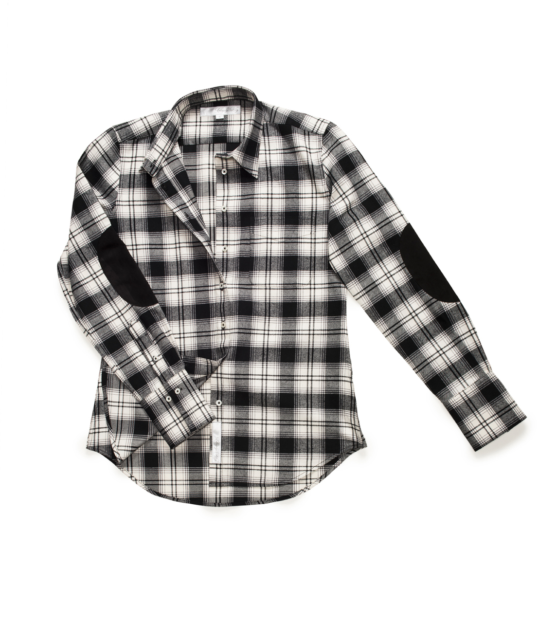 The black + white plaid version features solid black microsuede patches on each elbow.
