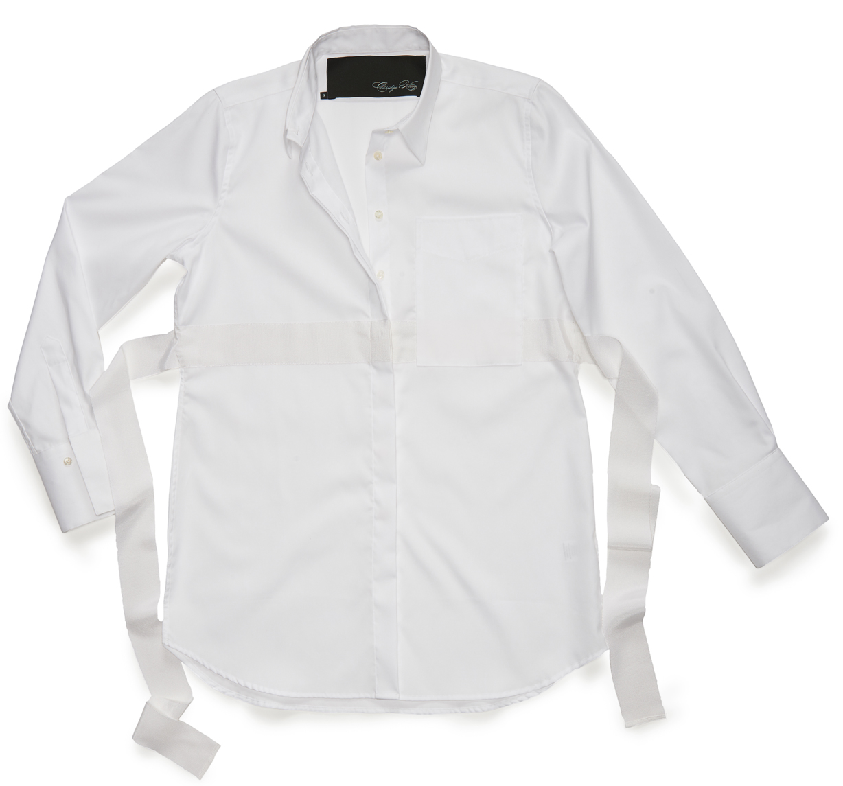 The Belted Button-Down is fashioned with a double grosgrain ribbon (2 inches wide) attached to the side seams. Feel free to tie it in back, tie it in front or simply let the ribbons fall to the side seams.