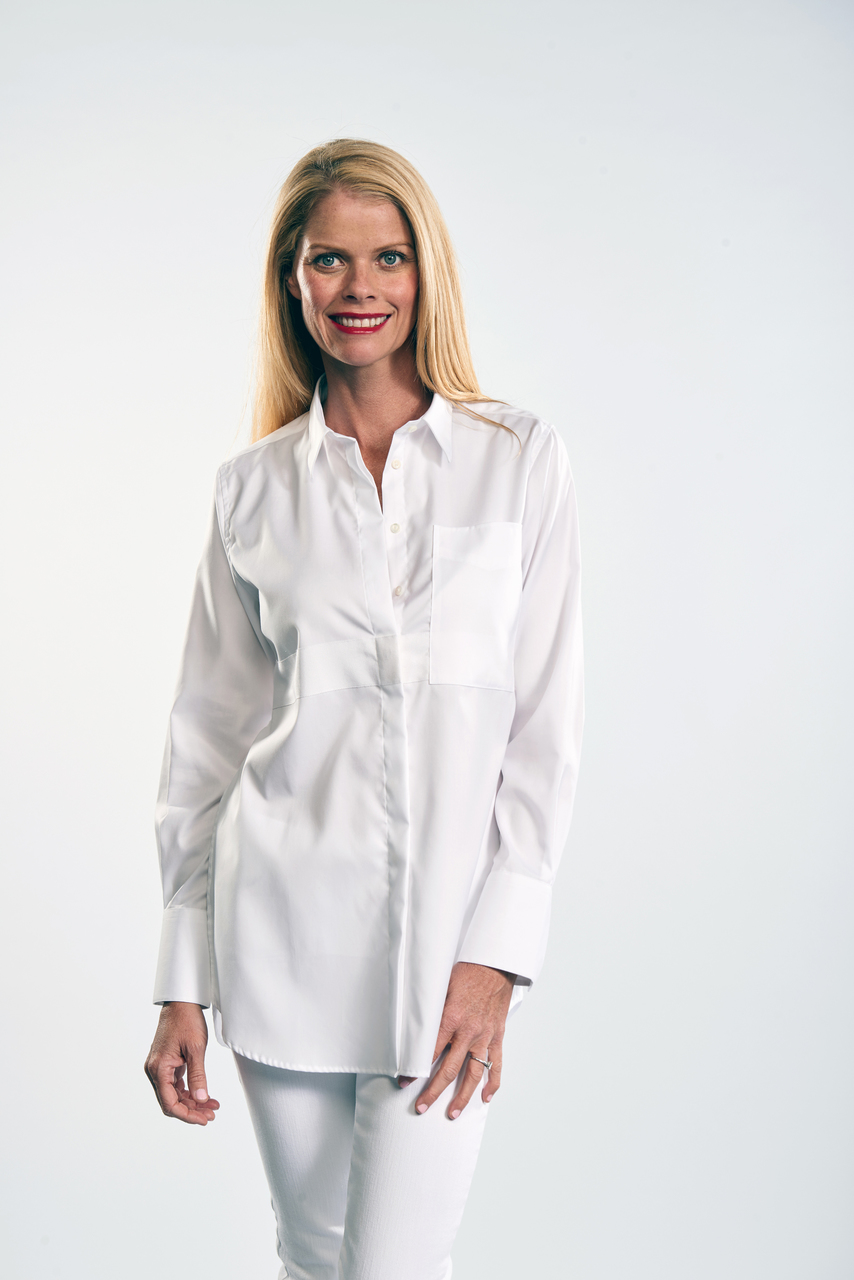 Lesli wears the Belted Button-Down with the belt tied in back loosely.