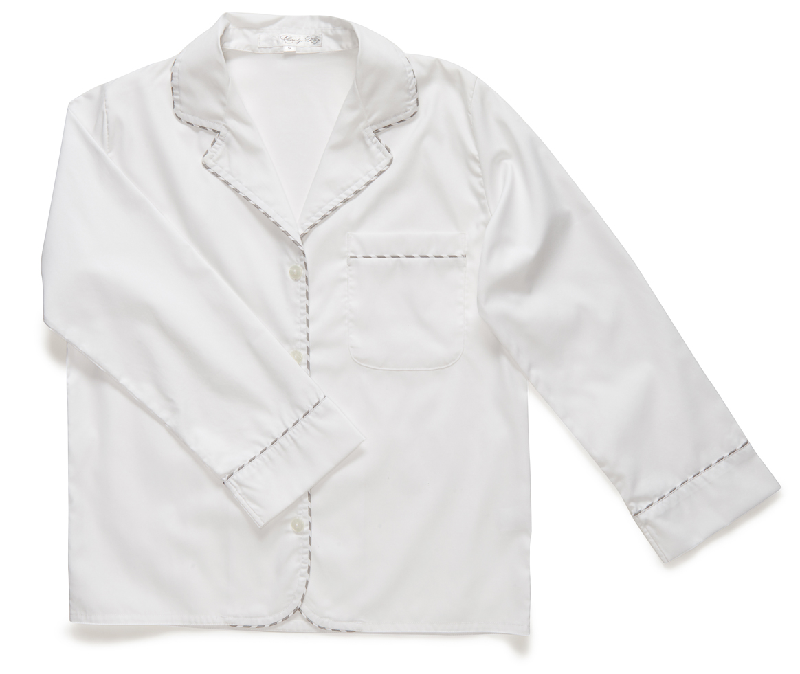 The Pajama Top made with 100% easy-care, cotton pinpoint fabric. The crisp white hue is accented with a gray stripe piping.