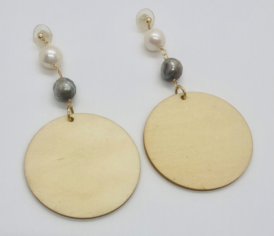 Wood Disk and Pearl Earrings