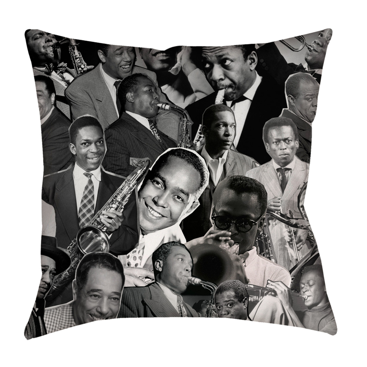 Jazz Legends (Miles Davis, Charlie Parker, John Coltrane, Louis Armstrong &  Duke Ellington) Photo Collage Pillowcase