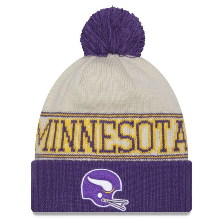 NEW ERA Minnesota Vikings NFL23 historic side-line knit bobble beanie hat [cream/purple/yellow]