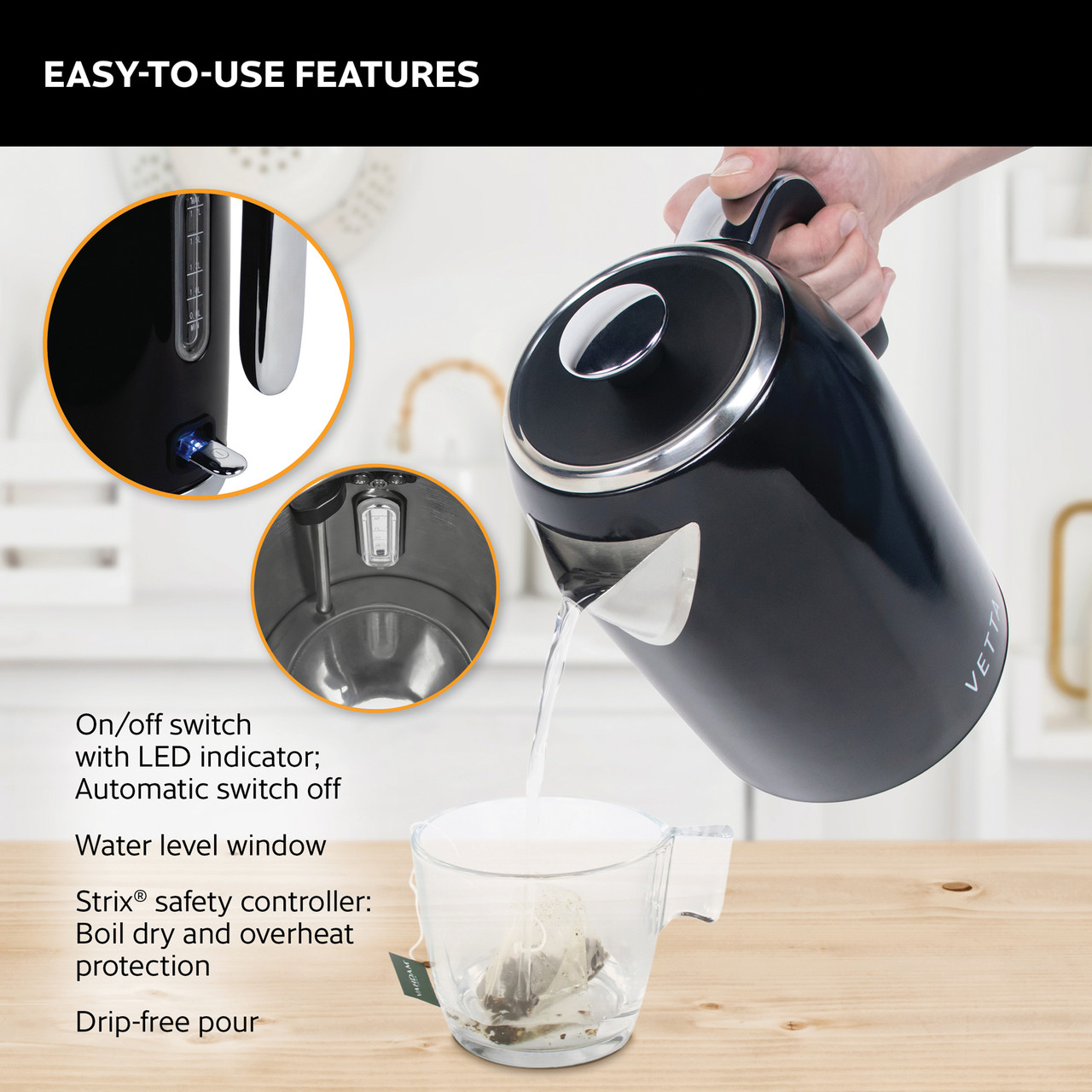 1.75Qt. Stainless Steel Retro Electric Kettle with Strix® Controller, Black