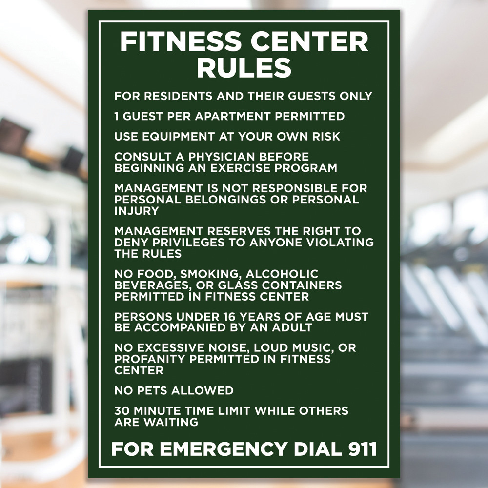 Fitness Center Rules Sign Dark Green - 20" x 30"