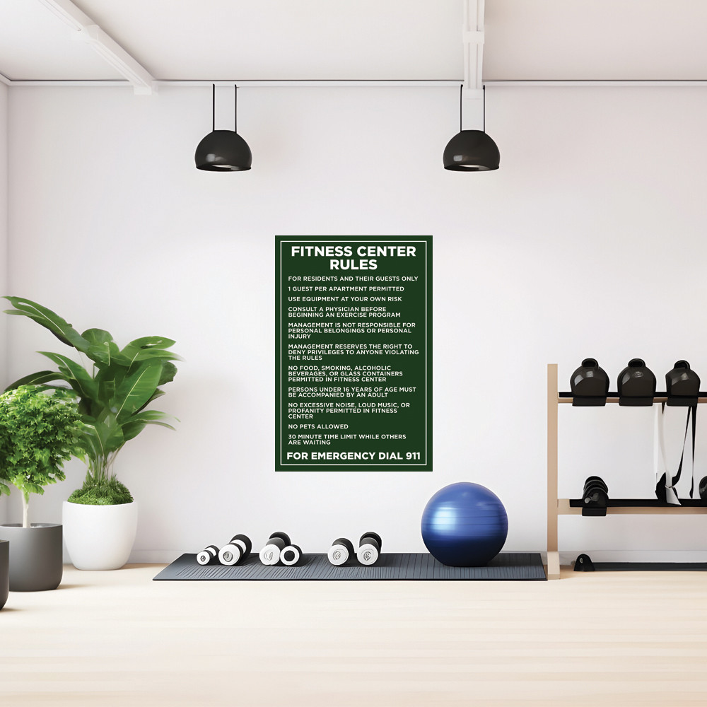 Fitness Center Rules Sign Dark Green - 20" x 30"