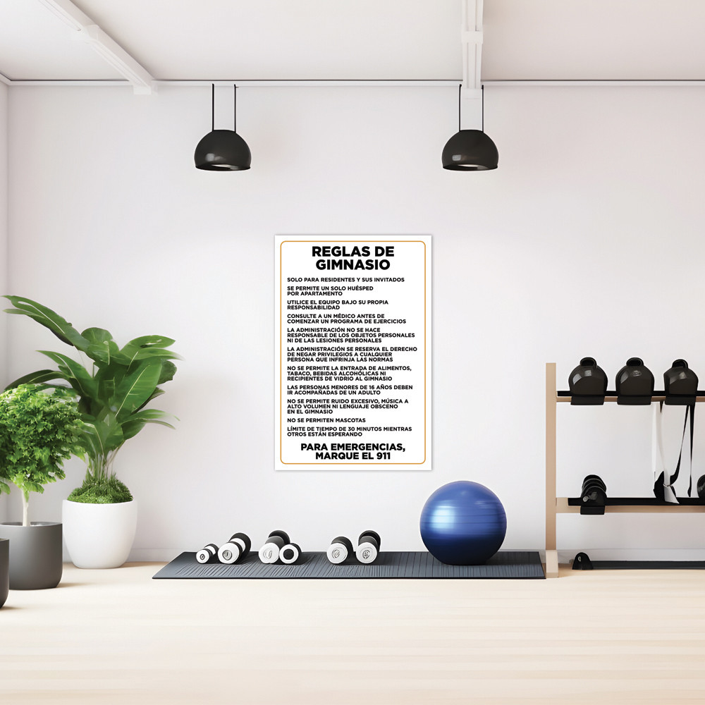 Fitness Center Rules Sign White, Black, Orange - 20" x 30"