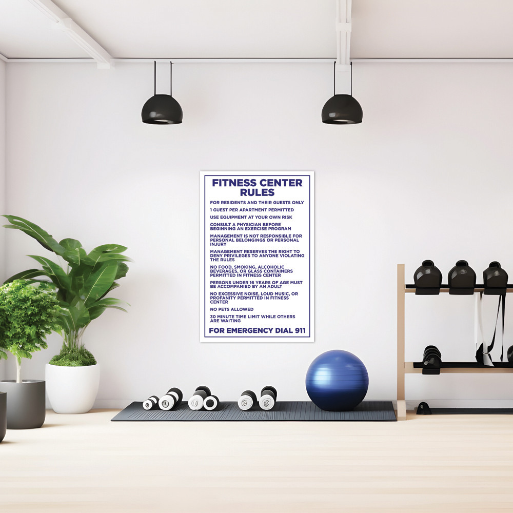 Fitness Center Rules Sign White, Navy - 20" x 30"