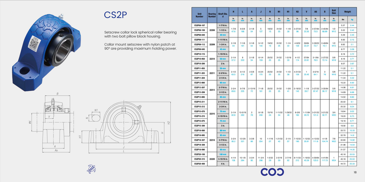P2B-S2-112R Bearing Replacement 1-3/4" Bore CS2P09-112 Specification Sheet