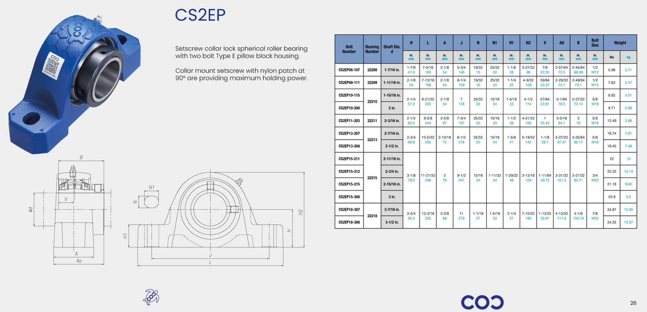 EP2B-S2-115R Bearing Replacement 1-15/16" Bore CS2EP10-115 Specification Sheet