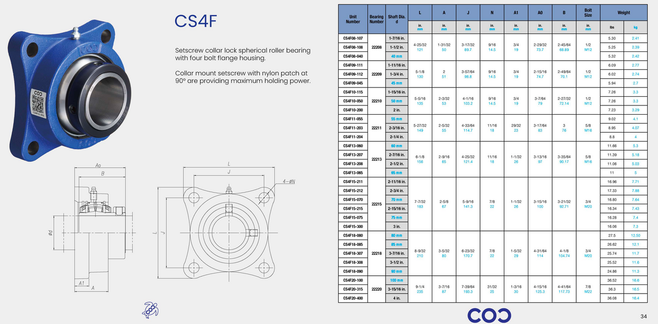 F4S-S2-108R Bearing Replacement 1-1/2" Bore CS4F08-108 Specification Sheet