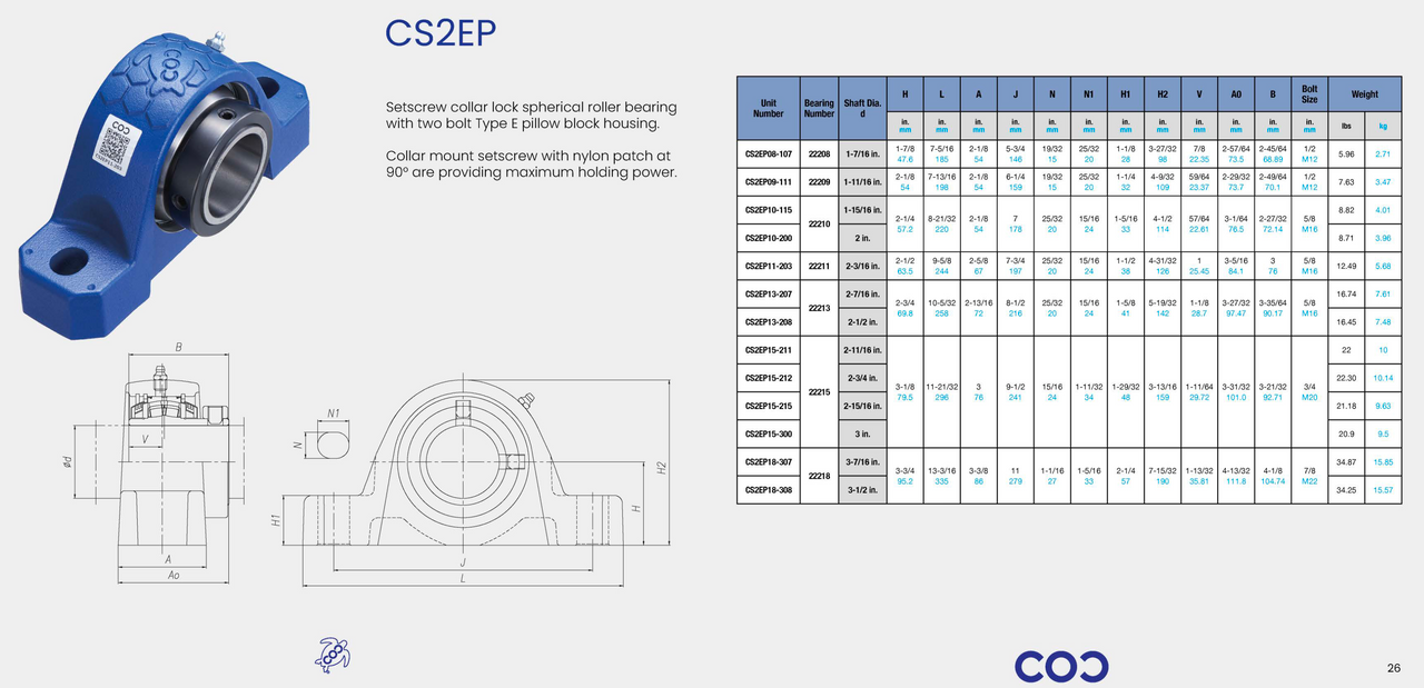 EP2B-S2-215R Bearing Replacement 2-15/16" Bore CS2EP15-215 Specification Sheet